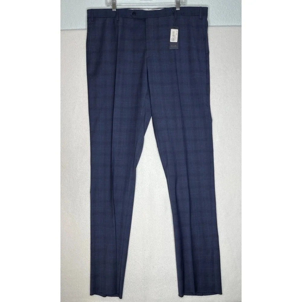 Zanella NWT Dress Pants Size 42 US Devon Navy Blue Plaid 100% Wool $350